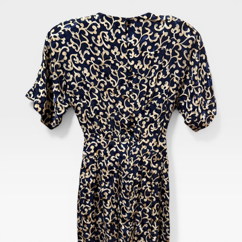 Maggy London Dress Womens 4 Navy Gold Vintage Silk Jacquard Excellent Floral 80s - Picture 5 of 6